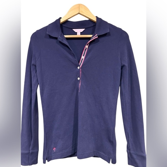 Lilly Pulitzer Sweetie Polo Long Sleeved Navy Blue Collar Shirt XS Preppy Golf - Picture 3 of 8